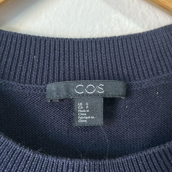 COS crewneck Dress Woven Pleats ruffle 3/4 sleeve navy blue cotton sz small - Picture 3 of 8